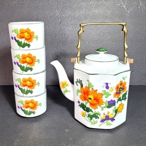 RARE Vtg Brass Handle Japanese Teapot with 4 Matching Cups 🏵 Olympus 🇯🇵 Japan